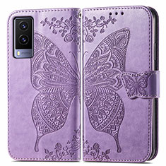 Coque Portefeuille Papillon Livre Cuir Etui Clapet pour Vivo V21e 5G Violet Clair