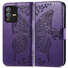 Coque Portefeuille Papillon Livre Cuir Etui Clapet pour Vivo V23 Pro 5G Violet