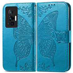 Coque Portefeuille Papillon Livre Cuir Etui Clapet pour Vivo X70 Pro 5G Bleu
