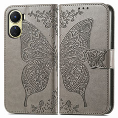 Coque Portefeuille Papillon Livre Cuir Etui Clapet pour Vivo Y02S Gris