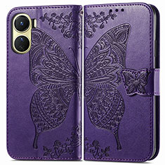 Coque Portefeuille Papillon Livre Cuir Etui Clapet pour Vivo Y02S Violet