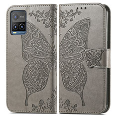 Coque Portefeuille Papillon Livre Cuir Etui Clapet pour Vivo Y21 Gris