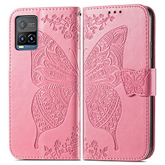 Coque Portefeuille Papillon Livre Cuir Etui Clapet pour Vivo Y21 Rose Rouge