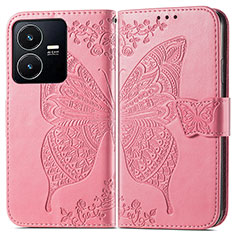 Coque Portefeuille Papillon Livre Cuir Etui Clapet pour Vivo Y22 Rose Rouge