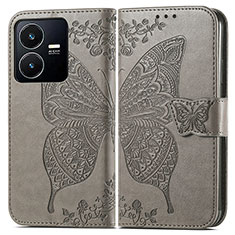 Coque Portefeuille Papillon Livre Cuir Etui Clapet pour Vivo Y22s Gris