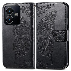 Coque Portefeuille Papillon Livre Cuir Etui Clapet pour Vivo Y22s Noir