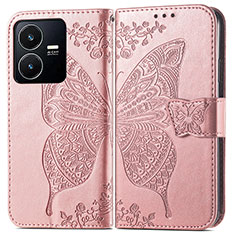 Coque Portefeuille Papillon Livre Cuir Etui Clapet pour Vivo Y22s Rose