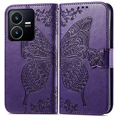 Coque Portefeuille Papillon Livre Cuir Etui Clapet pour Vivo Y22s Violet