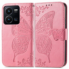 Coque Portefeuille Papillon Livre Cuir Etui Clapet pour Vivo Y35 4G Rose Rouge