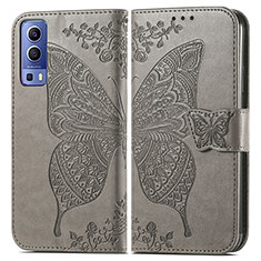 Coque Portefeuille Papillon Livre Cuir Etui Clapet pour Vivo Y52 5G Gris