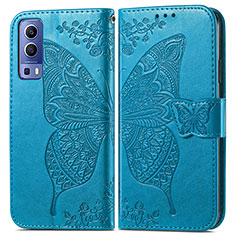 Coque Portefeuille Papillon Livre Cuir Etui Clapet pour Vivo Y72 5G Bleu