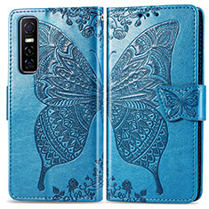 Coque Portefeuille Papillon Livre Cuir Etui Clapet pour Vivo Y73s 5G Bleu