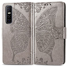 Coque Portefeuille Papillon Livre Cuir Etui Clapet pour Vivo Y73s 5G Gris