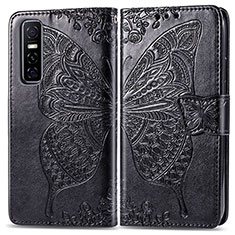 Coque Portefeuille Papillon Livre Cuir Etui Clapet pour Vivo Y73s 5G Noir