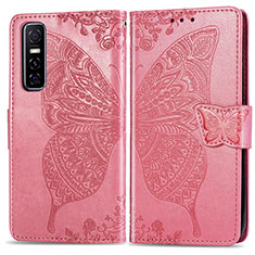 Coque Portefeuille Papillon Livre Cuir Etui Clapet pour Vivo Y73s 5G Rose Rouge