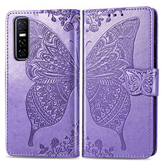 Coque Portefeuille Papillon Livre Cuir Etui Clapet pour Vivo Y73s 5G Violet Clair