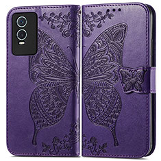 Coque Portefeuille Papillon Livre Cuir Etui Clapet pour Vivo Y74s 5G Violet