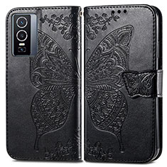 Coque Portefeuille Papillon Livre Cuir Etui Clapet pour Vivo Y76 5G Noir