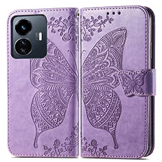 Coque Portefeuille Papillon Livre Cuir Etui Clapet pour Vivo Y77e 5G Violet Clair