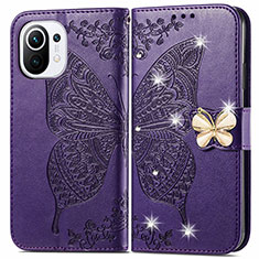 Coque Portefeuille Papillon Livre Cuir Etui Clapet pour Xiaomi Mi 11 5G Violet