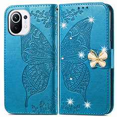 Coque Portefeuille Papillon Livre Cuir Etui Clapet pour Xiaomi Mi 11 Lite 4G Bleu