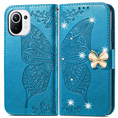 Coque Portefeuille Papillon Livre Cuir Etui Clapet pour Xiaomi Mi 11 Lite 5G NE Bleu