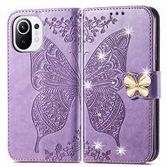 Coque Portefeuille Papillon Livre Cuir Etui Clapet pour Xiaomi Mi 11 Lite 5G NE Violet Clair