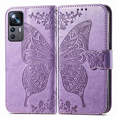 Coque Portefeuille Papillon Livre Cuir Etui Clapet pour Xiaomi Mi 12T 5G Violet Clair