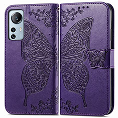 Coque Portefeuille Papillon Livre Cuir Etui Clapet pour Xiaomi Mi 12X 5G Violet