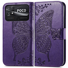 Coque Portefeuille Papillon Livre Cuir Etui Clapet pour Xiaomi Poco C40 Violet