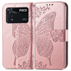 Coque Portefeuille Papillon Livre Cuir Etui Clapet pour Xiaomi Poco M4 Pro 4G Rose