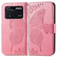 Coque Portefeuille Papillon Livre Cuir Etui Clapet pour Xiaomi Poco M4 Pro 4G Rose Rouge