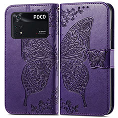 Coque Portefeuille Papillon Livre Cuir Etui Clapet pour Xiaomi Poco M4 Pro 4G Violet