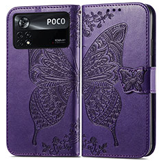 Coque Portefeuille Papillon Livre Cuir Etui Clapet pour Xiaomi Poco X4 Pro 5G Violet