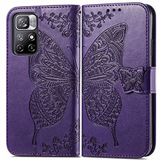 Coque Portefeuille Papillon Livre Cuir Etui Clapet pour Xiaomi Redmi Note 11T 5G Violet