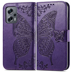 Coque Portefeuille Papillon Livre Cuir Etui Clapet pour Xiaomi Redmi Note 11T Pro 5G Violet