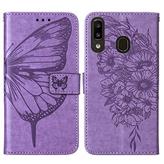 Coque Portefeuille Papillon Livre Cuir Etui Clapet Y01B pour Samsung Galaxy A20 Violet Clair