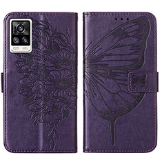 Coque Portefeuille Papillon Livre Cuir Etui Clapet Y01B pour Vivo V21e 4G Violet