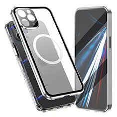 Coque Rebord Bumper Luxe Aluminum Metal Miroir 360 Degres Housse Etui Aimant avec Mag-Safe Magnetic Magnetique pour Apple iPhone 13 Pro Argent