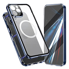 Coque Rebord Bumper Luxe Aluminum Metal Miroir 360 Degres Housse Etui Aimant avec Mag-Safe Magnetic Magnetique pour Apple iPhone 16 Pro Max Bleu