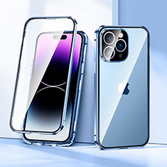 Coque Rebord Bumper Luxe Aluminum Metal Miroir 360 Degres Housse Etui Aimant LK2 pour Apple iPhone 14 Pro Bleu