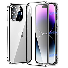 Coque Rebord Bumper Luxe Aluminum Metal Miroir 360 Degres Housse Etui Aimant LO1 pour Apple iPhone 14 Pro Argent