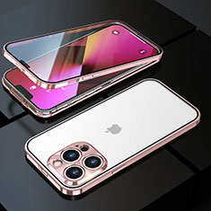 Coque Rebord Bumper Luxe Aluminum Metal Miroir 360 Degres Housse Etui Aimant M01 pour Apple iPhone 13 Pro Max Or Rose