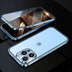 Coque Rebord Bumper Luxe Aluminum Metal Miroir 360 Degres Housse Etui Aimant M01 pour Apple iPhone 15 Pro Bleu