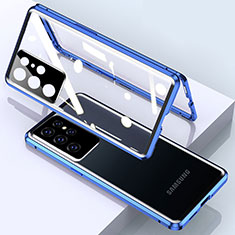 Coque Rebord Bumper Luxe Aluminum Metal Miroir 360 Degres Housse Etui Aimant M01 pour Samsung Galaxy S22 Ultra 5G Bleu