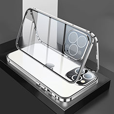 Coque Rebord Bumper Luxe Aluminum Metal Miroir 360 Degres Housse Etui Aimant M02 pour Apple iPhone 14 Pro Argent