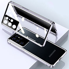 Coque Rebord Bumper Luxe Aluminum Metal Miroir 360 Degres Housse Etui Aimant M03 pour Samsung Galaxy S21 Ultra 5G Argent