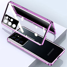 Coque Rebord Bumper Luxe Aluminum Metal Miroir 360 Degres Housse Etui Aimant M03 pour Samsung Galaxy S21 Ultra 5G Violet