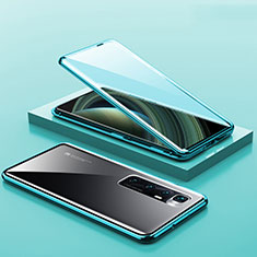 Coque Rebord Bumper Luxe Aluminum Metal Miroir 360 Degres Housse Etui Aimant M03 pour Xiaomi Mi 10 Ultra Cyan