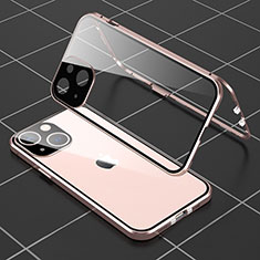 Coque Rebord Bumper Luxe Aluminum Metal Miroir 360 Degres Housse Etui Aimant M04 pour Apple iPhone 13 Mini Or Rose